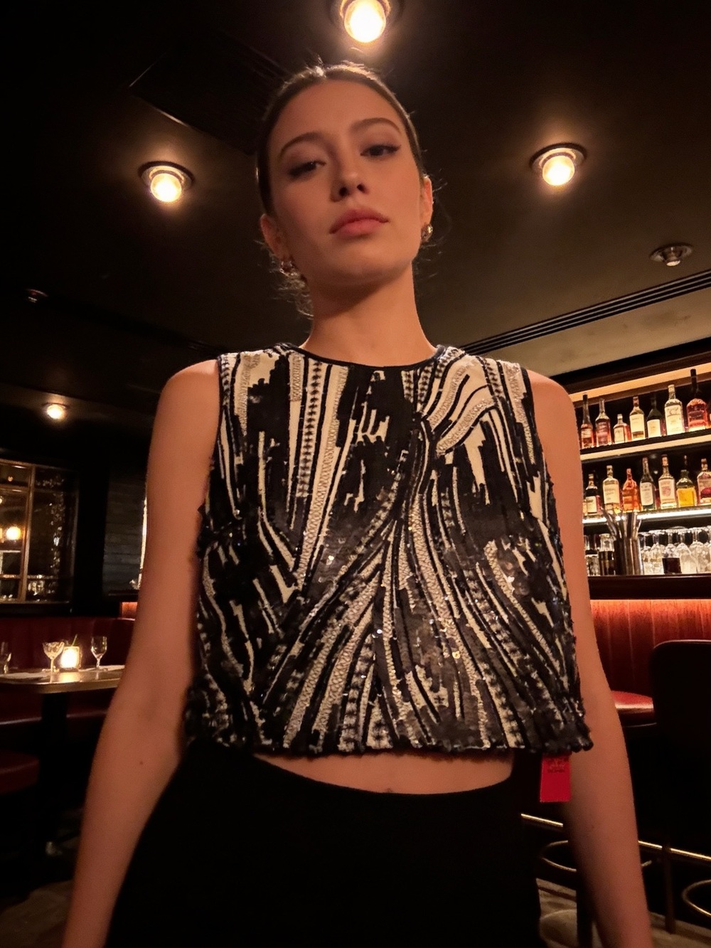 Sequin Black &  Taupe Abstract Crop Top